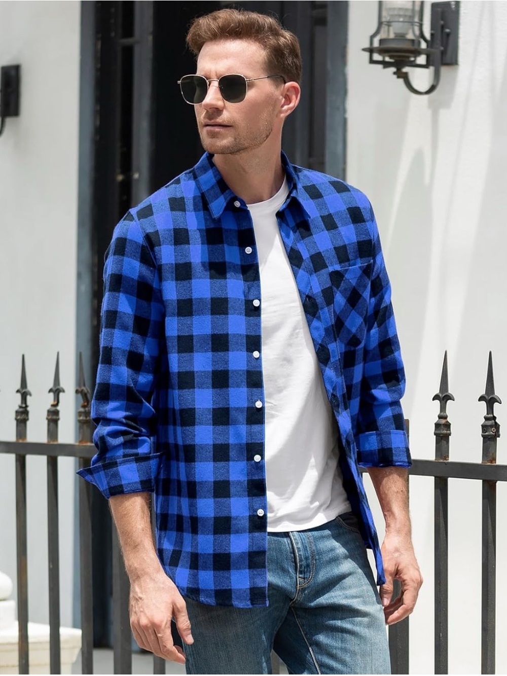 Men’s Blue Cotton Blend Checkered Flannel Long Sleeve Shirt